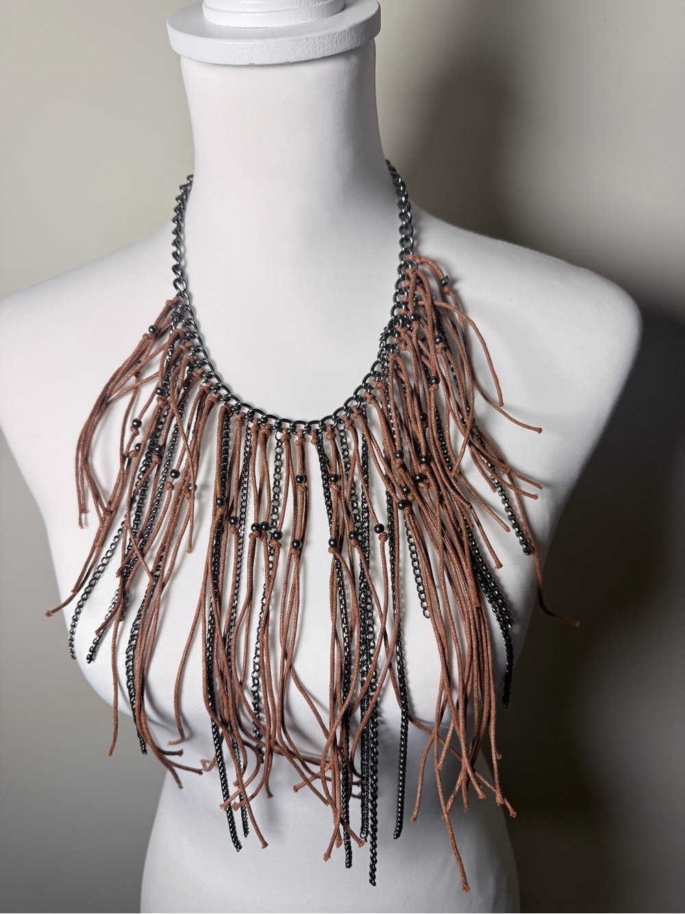 Boho Fringe Statement Necklace Brown Leather & Chain Layered Festival Style